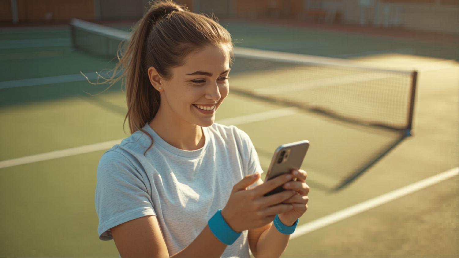 Sportclublid reserveert een baan via de app op een smartphone